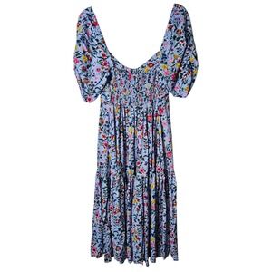 NWT Elf L Blue Floral Midi Dress‎ Pleated Bodice Puff Sleeve Button Front Rayon